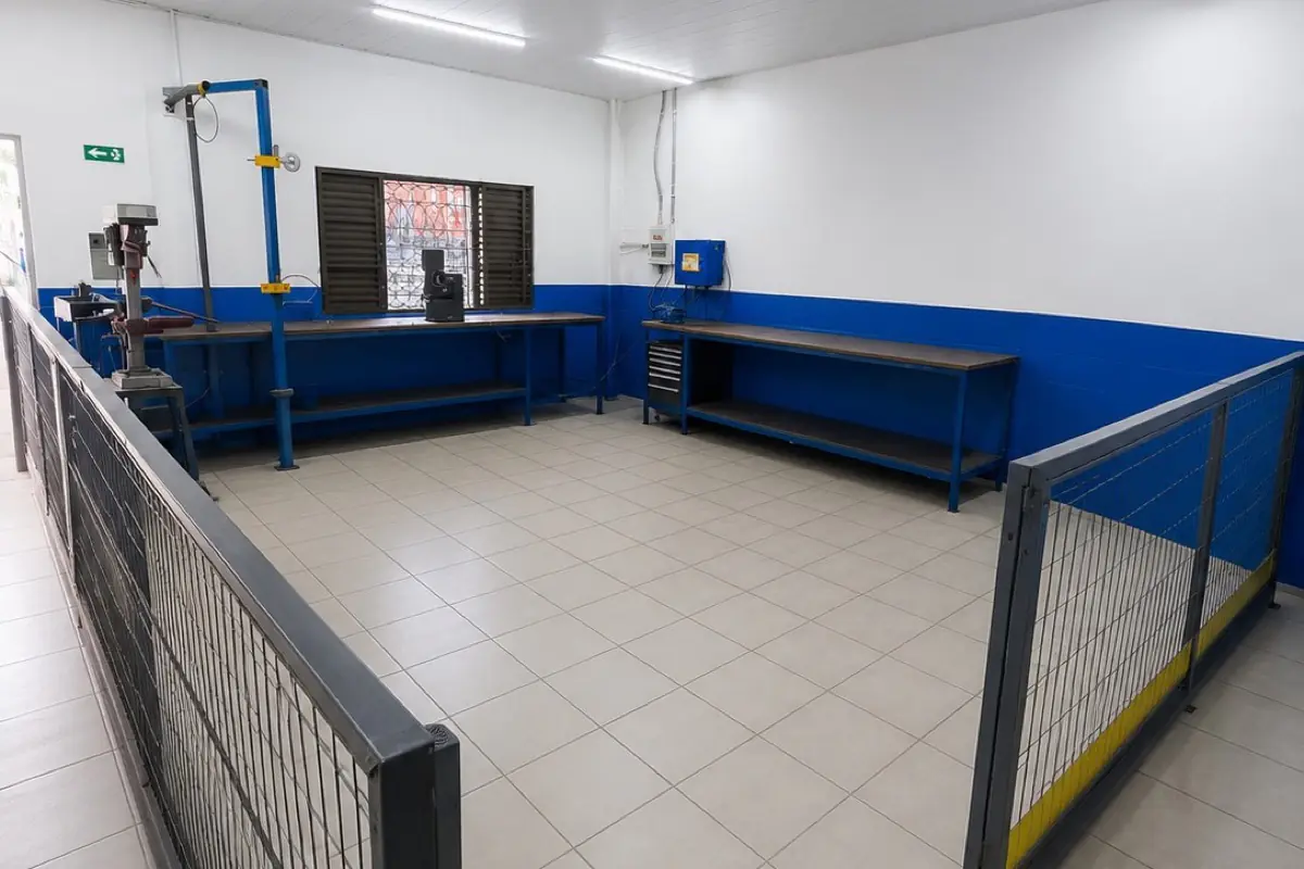 Oficina de inspeção de equipamentos da RF Engenharia, com bancadas de ensaio de componentes